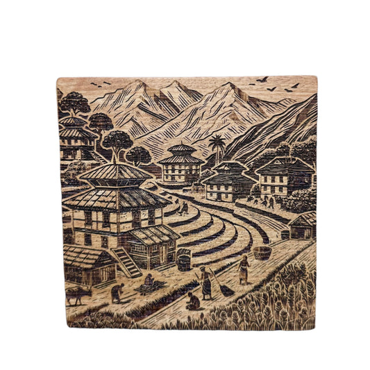 Village Art Engraved on Wood