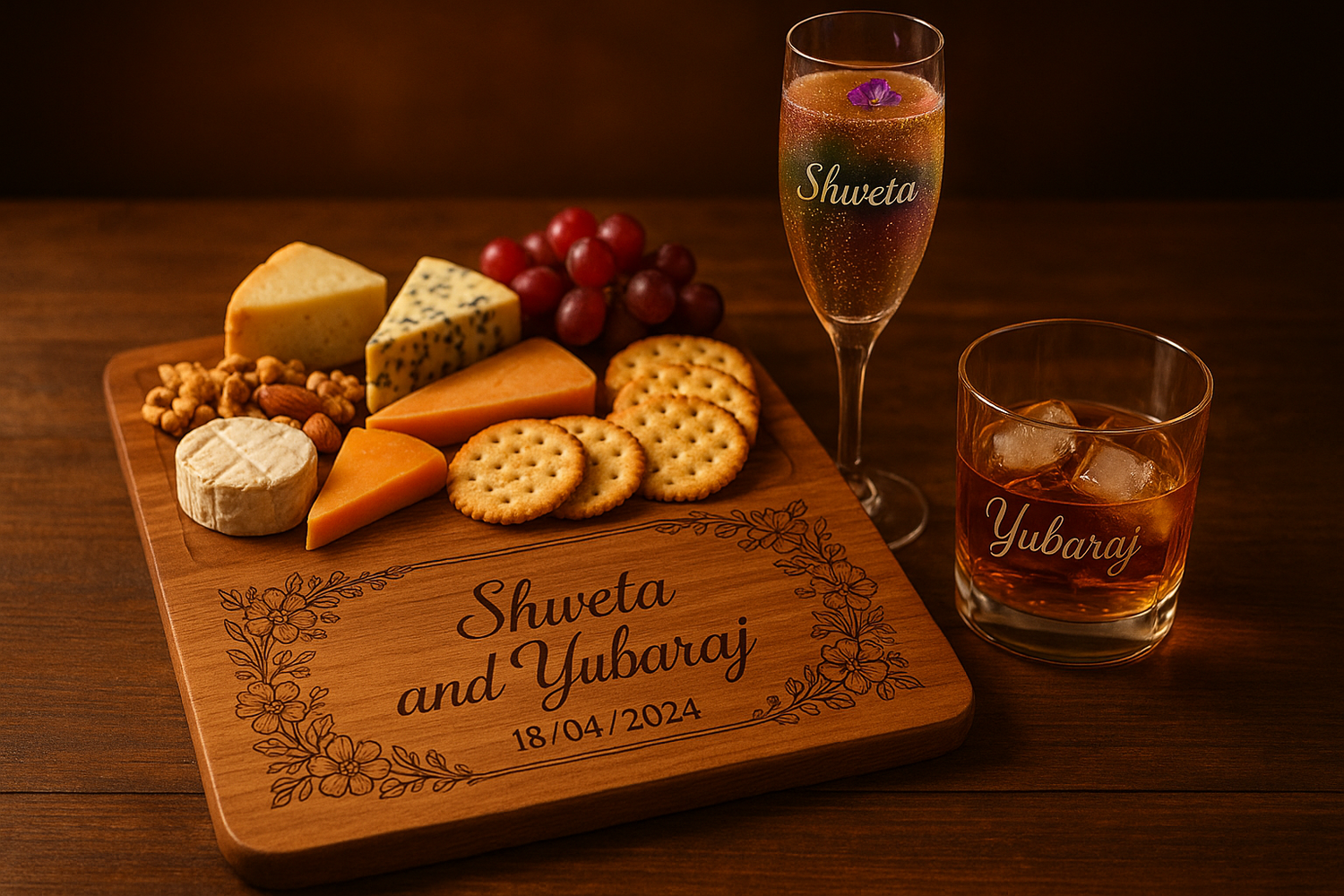 write shweta and yubaraj in cheese board and date 18/04/2024 with flower boarder and keep everything else as it is