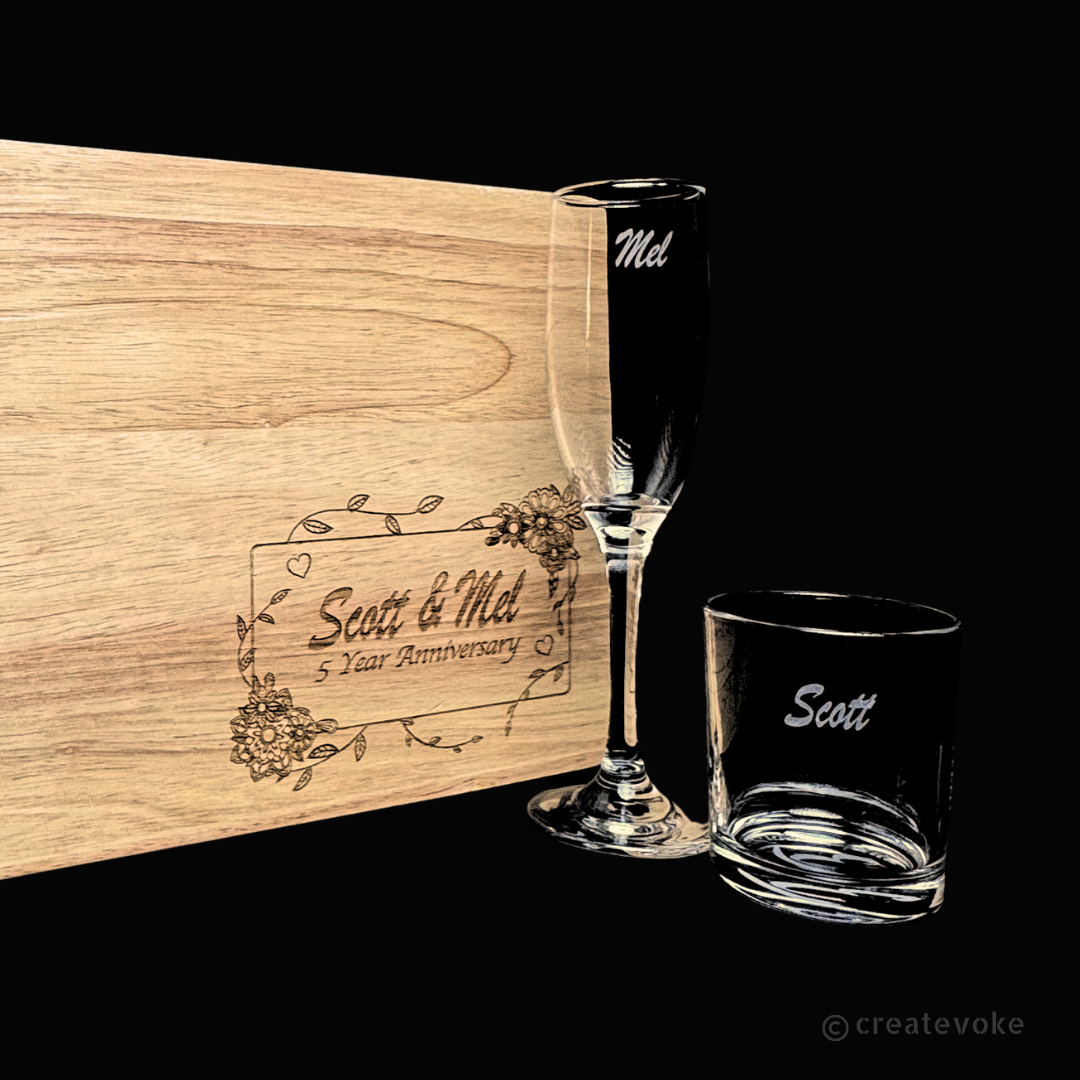 Custom Engraved Wooden Cheese Board and Name Engraved Glasses