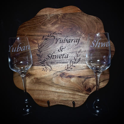 Engraved Cheeseboard & Champagne/Wine Glass Anniversary Set