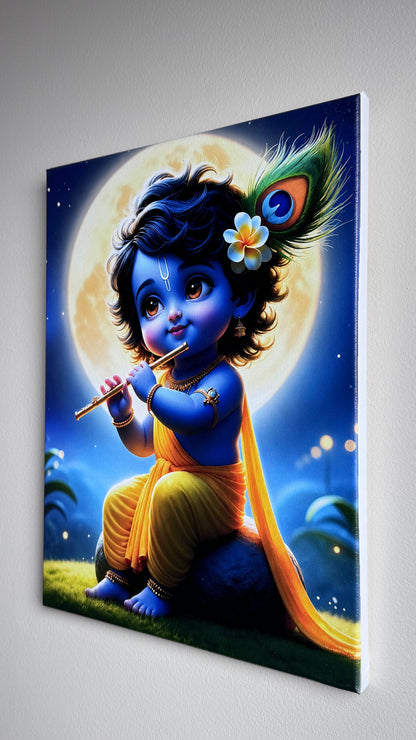 A vertical canvas wall art print depicting a stylized blue child playing a flute in front of a large moon, with a peacock feather and flower in the hair, shown hanging on a light gray wall.