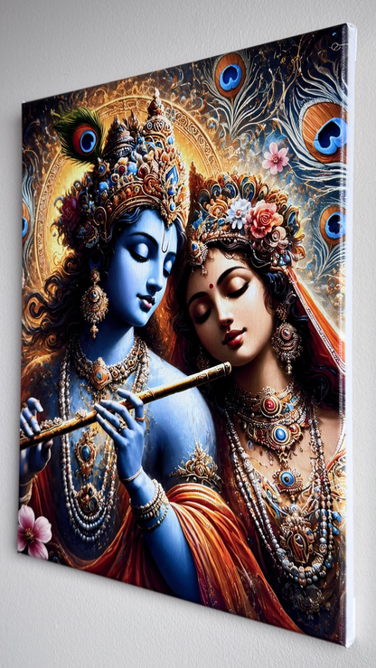 A square canvas wall art print depicting a stylized blue-skinned male figure playing a flute beside a woman in ornate jewelry and a red-orange drape, with peacock feather motifs and a glowing gold halo-like background. The canvas is shown hanging against a light gray wall.