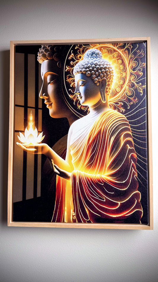 A framed wall art print featuring two Buddha figures in profile, with one glowing in warm orange and gold tones and the other in muted blue-gray. The artwork is displayed against a dark gray wall.