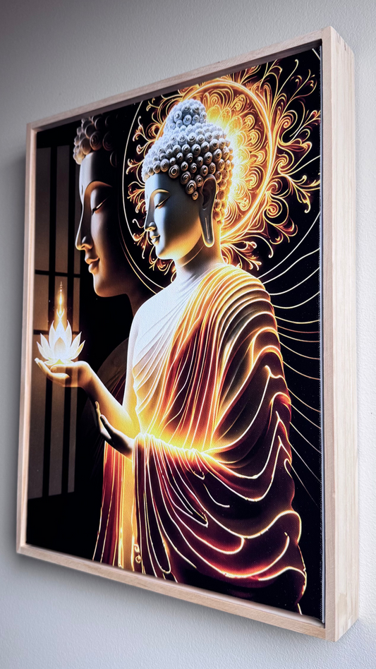 A framed wall art print featuring a glowing Buddha figure in warm gold, orange, and white tones against a dark background, hung on a light gray wall.