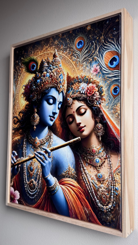 A framed canvas art print depicting a stylized, colorful illustration of Lord Krishna and Radha, hanging on a neutral gray wall.