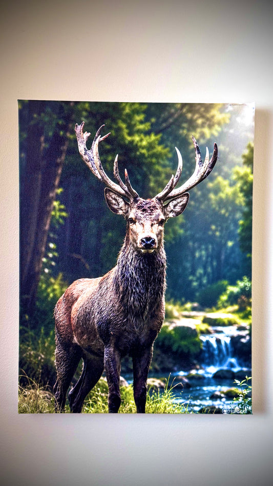 A vertical canvas wall art print depicting a large stag with antlers standing in a sunlit forest beside a stream, shown hanging on a light neutral wall.