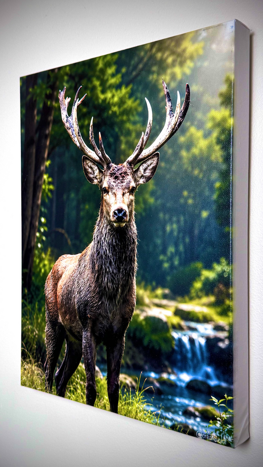 A square canvas wall art print showing a large deer with antlers standing in a sunlit forest beside a stream, photographed hanging against a light gray wall.