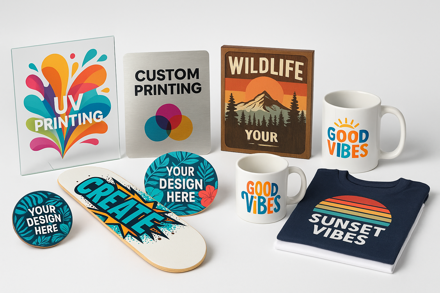 CUSTOM UV Printed gifts on glass, metal, wood, round objects, mugs, skate boards, tshits