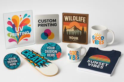 CUSTOM UV Printed gifts on glass, metal, wood, round objects, mugs, skate boards, tshits