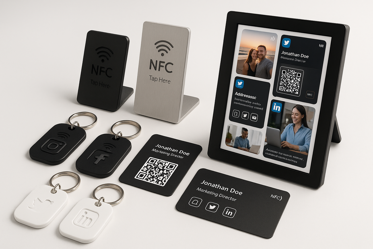 nfc keychains with social media logos, nfc stands, nfc business card, nfc photo frame