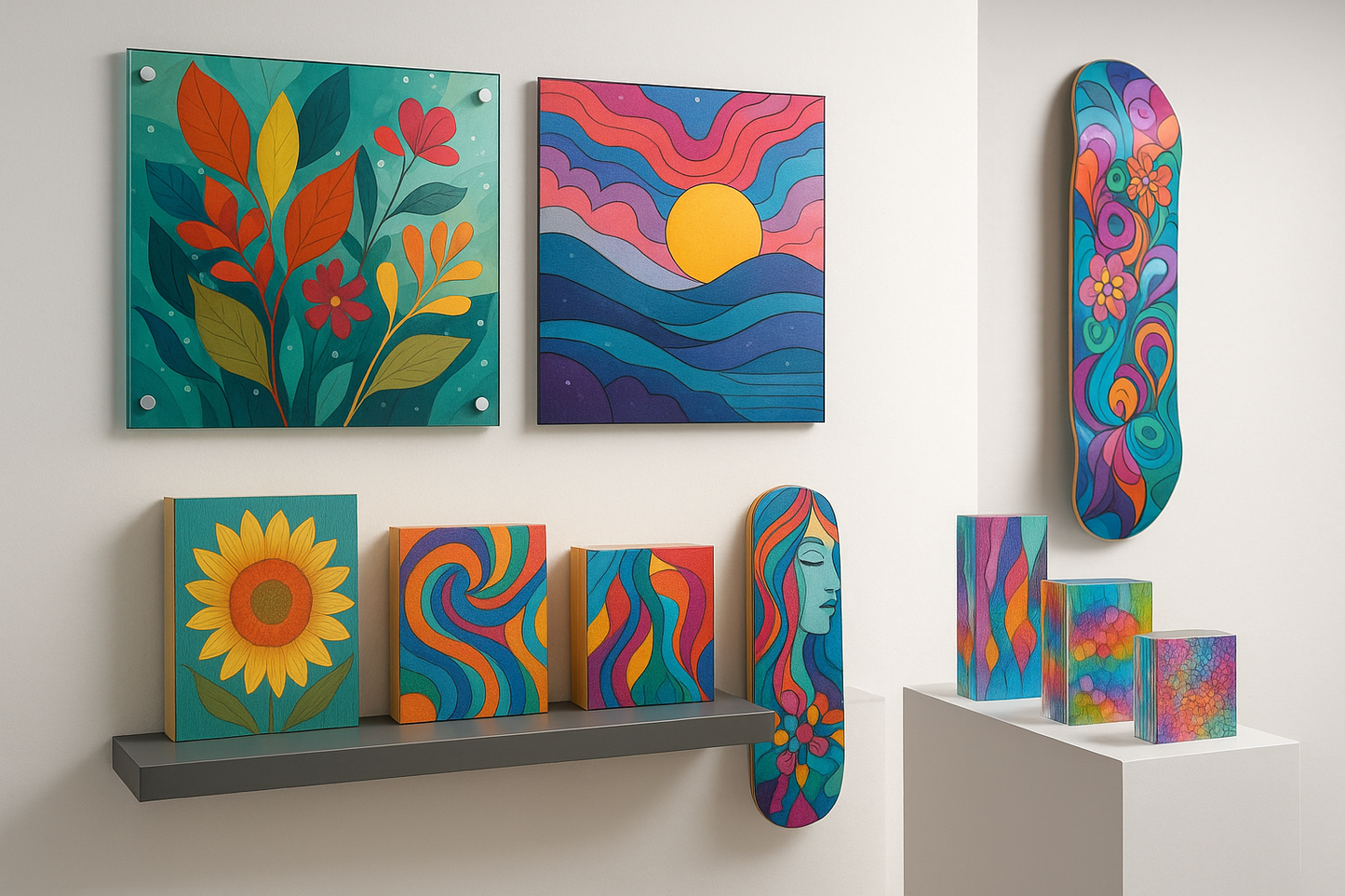 uv printer home decor printed on glass, wood, skate board on wall and glass block, wood block on showcase