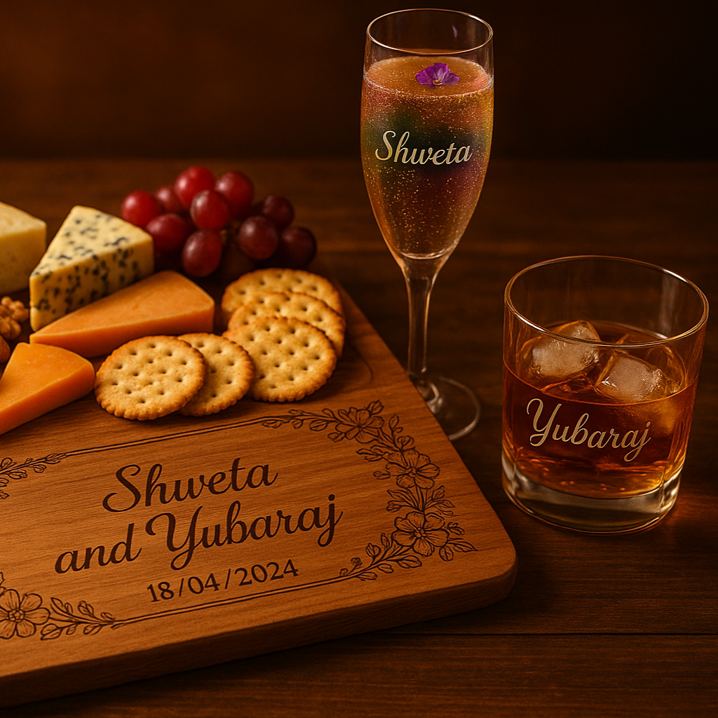 Engraved Cheeseboard & Champagne/Wine Glass Anniversary Set